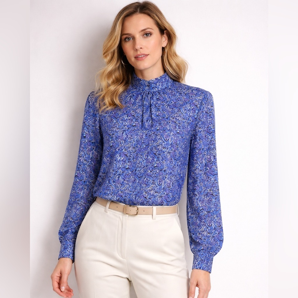 Vintage Pendleton Country Sophisticates Blue Mock Neck Blouse 12